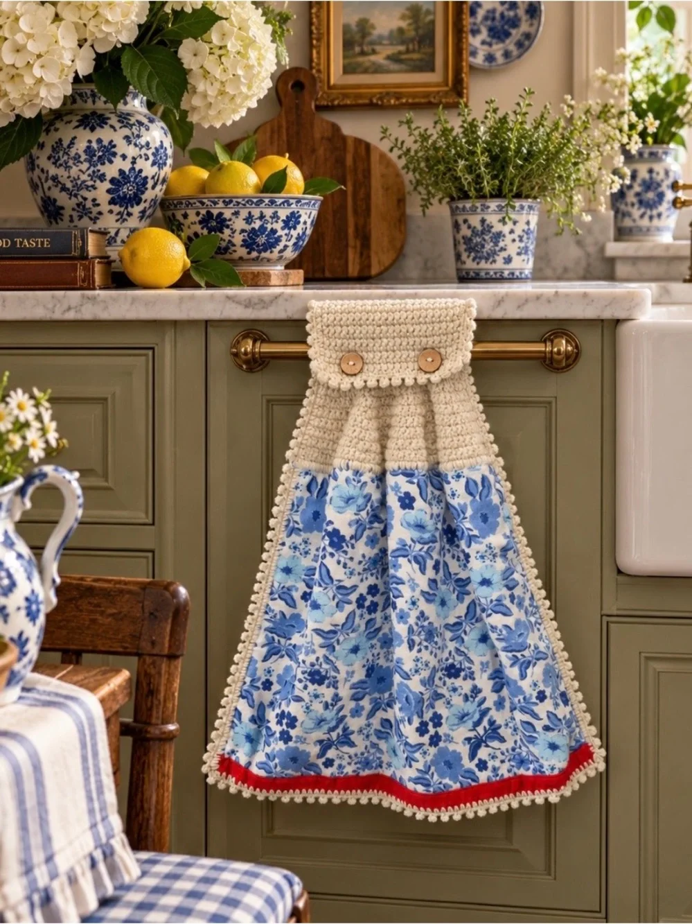 Pioneer Woman Handmade Crochet Hanging Kitchen Towel Blue Floral